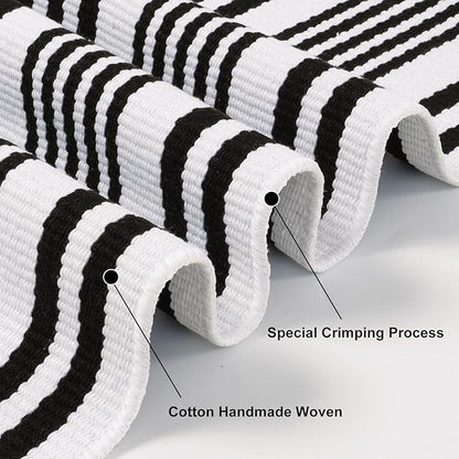 Outdoor Rug Front Door Mat 2'x4.3', Cotton Indoor Doormat Washable Black and White Striped Rug, Foldable Reversible Layered Door Mats for Entryway/Farmhouse/Home Entrance