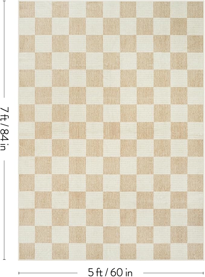 Machine Washable 5x7 Area Rugs for Living Room Checkered, Non Slip Soft Low Pile Farmhouse Geometric Modern Neutral Playroom Boys Rugs for Bedroom, Large Carpet Rugs for Dining Room(Ivory,5'x7')