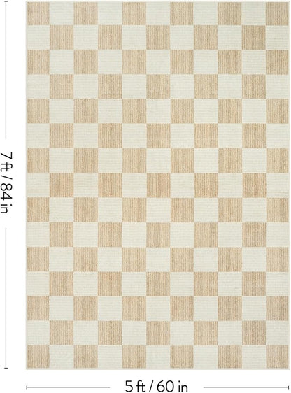 Machine Washable 5x7 Area Rugs for Living Room Checkered, Non Slip Soft Low Pile Farmhouse Geometric Modern Neutral Playroom Boys Rugs for Bedroom, Large Carpet Rugs for Dining Room(Ivory,5'x7')