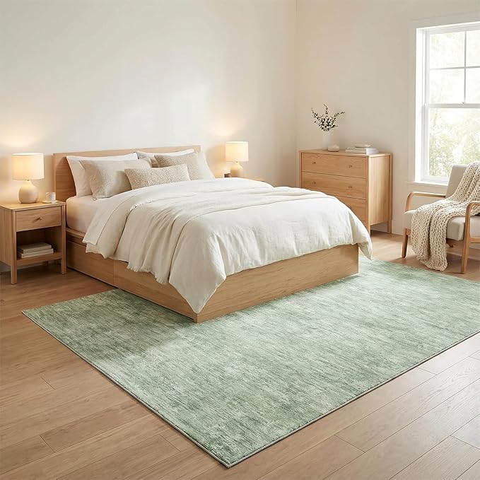 Garvee 5x7 Nursery Rug Washable Living Room Rug with Non Slip Backing, Stain Resistant Non Shedding Modern Solid Floor Cover Foldable Soft Thin Mats for Dining Room, Bedroom, Green