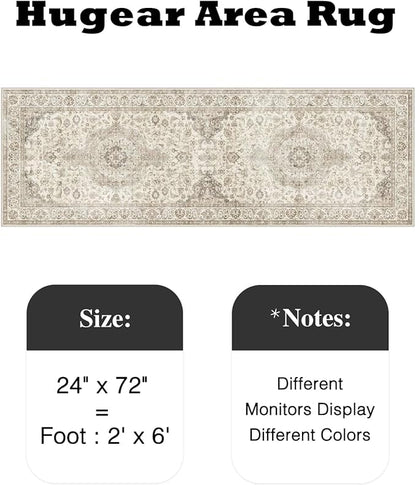 HUGEAR 2x6 Runner Rug Hallway Vintage Brown Machine Washable Neutral Floral Low Pile Carpet Vacuumable Thin Long Throw Rug Bedroom Office Bathroom Kitchen Laundry Non Slip Soft Lightweight