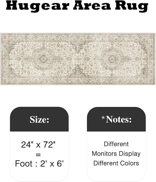 HUGEAR 2x6 Runner Rug Hallway Vintage Brown Machine Washable Neutral Floral Low Pile Carpet Vacuumable Thin Long Throw Rug Bedroom Office Bathroom Kitchen Laundry Non Slip Soft Lightweight