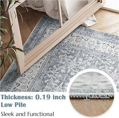 jinchan Hallway Runner Rug 3x7 - Machine Washable Grey Vintage Floral Distressed Design Soft Non-Slip Low-Pile Ultra-Thin Runner Rug for Kitchen Laundry Room Bedroom Farmhouse (3‘x8', Grey)