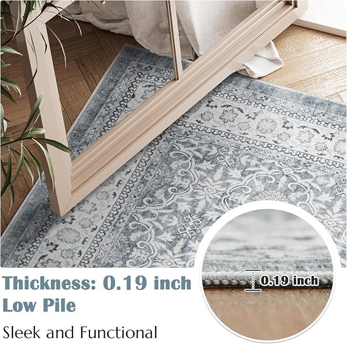 jinchan Runner Rug 2x6 - Machine Washable Grey Vintage Floral Distressed Design Soft Non-Slip Low-Pile Ultra-Thin Runner Rug for Kitchen Hallway Laundry Room Entryway Farmhouse (2‘x6', Grey)