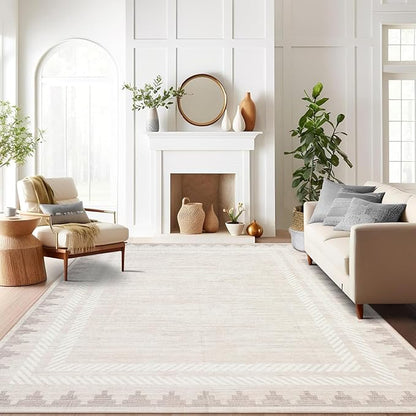 RUGSREAL Machine Washable 5×7 Low Pile Area Rug for Living Room Dining Room Modern Bordered Non Slip Soft Indoor Carpet Foldable Stain Resistant Non-Shedding Rugs for Bedrrom Office Decor, Beige