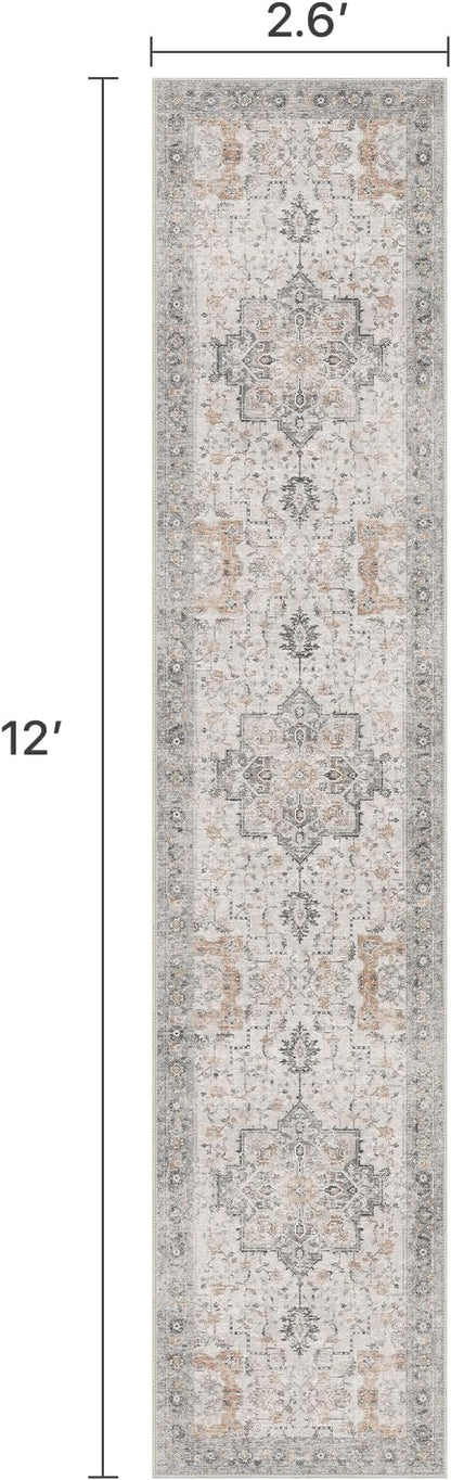 Runner Rug 2'6''x12, Non Slip Vintage Hallway Runner Rugs, Low Pile Lightweight Machine Washable Mat for Hallway, Entryway, Bedroom, Kitchen and Corridor, Light Taupe Brown