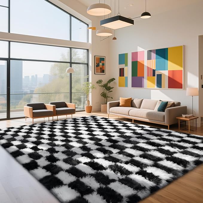 Checkered Rug for Living Room, 8x10 Black and White Area Rugs, Classic Checkered Carpets Shaggy Area Rug, Bedside Rugs for Living Room Bedroom Kids Room Home Decor