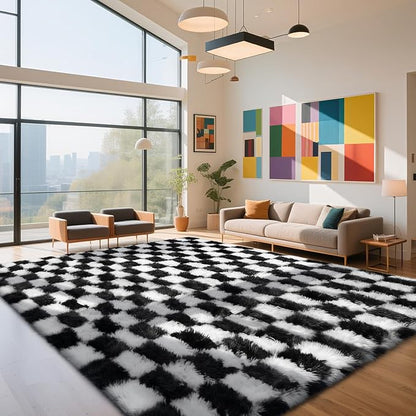 Checkered Rug for Living Room, 8x10 Black and White Area Rugs, Classic Checkered Carpets Shaggy Area Rug, Bedside Rugs for Living Room Bedroom Kids Room Home Decor