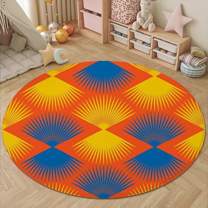 Vintage Blue Orange Round Rug Retro Pattern Print Area Rug Washable 4ft Circle Rugs for Living Room Bedroom Non Slip, Soft Indoor Floor Carpet for Kitchen Entryway Family Room