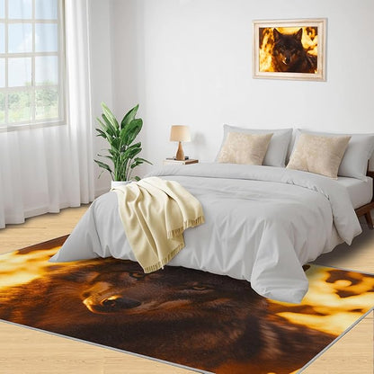 Wolf Rugs for Bedroom - 6x8 Area Rug - Timber Wolf Rugs for Living Room, Sunset Landscape Rug, Non-Slip Washable Home Decor Carpet