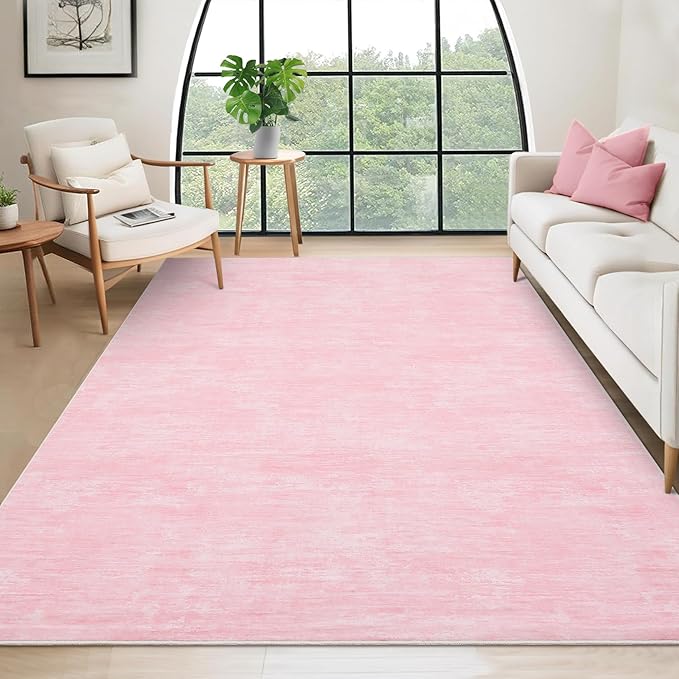 RUGSREAL Bedroom Area Rug 4x6 Modern Abstract Area Rug Stain Resistant Small Living Room Rug Contemporary Dining Room Rug Non-Slip Solid Rug Aesthetic Accent Floor Carpet for Kitchen Office, Pink