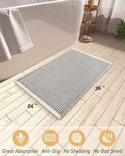 Upgraded Waffle Bath Mat, Super Absorbent Non Slip Bath Mats for Bathroom Floor, Machine Washable Bathroom Rugs with Tassels, Rubber Backed Bathroom Mats, Ultra Soft, 24" x 36",LightGrey & Cream