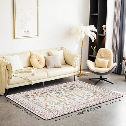 Boho 5x7 Area Rug Vintage Floral Living Room Rug | Art Deco Abstract Rugs for Bedroom, Retro Tribal Aesthetic Oriental Carpet Indoor Floor Mat
