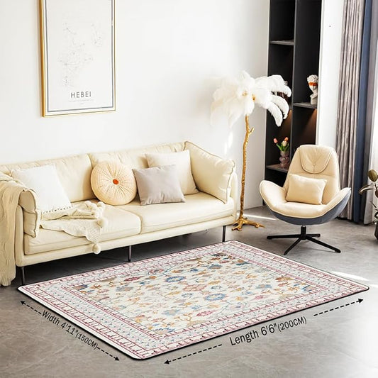 Boho 5x7 Area Rug Vintage Floral Living Room Rug | Art Deco Abstract Rugs for Bedroom, Retro Tribal Aesthetic Oriental Carpet Indoor Floor Mat