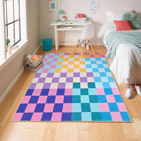 Multicolored Checkered Rug 4x6 Modern Bedroom Funky Area Rug Checkered Washable Colorful Area Rug Soft Non-Slip Low-Pile Carpet for Nursery Dorm Kitchen Living Room Deco