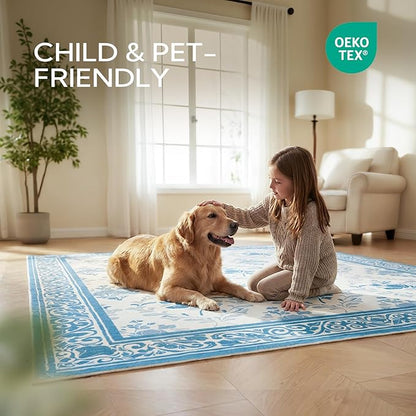 SOULFUL Medium Pile 8x10 Rugs for Living Room - Soft Underfoot Large Area Rug - Blue Boho Floral - Washable Non-Slip - Perfect for Bedroom Kids Room Under Dining Table Office