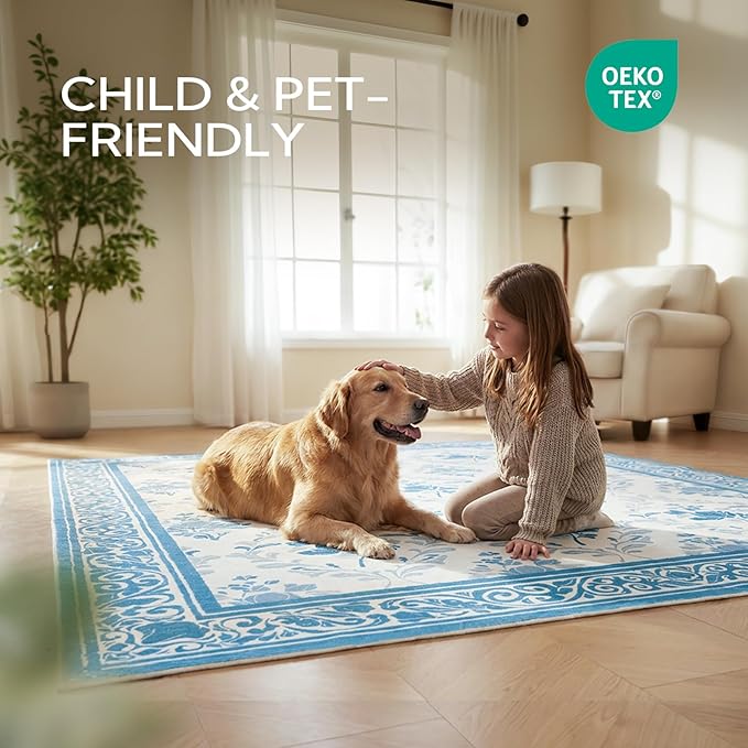 SOULFUL Medium Pile 4x6 Rugs for Living Room - Soft Underfoot Area Rug - Blue Boho Floral - Washable Non-Slip - Perfect for Bedroom Kids Room Under Dining Table Office