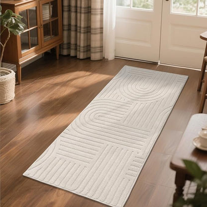 SHACOS Soft Cozy Fluffy Arch Pattern High-Low Pile Runner Rugs 2'x5' Non Slip Washable Scandinavian Minimalist Rug Runner Modern Geometric Carpet for Bedroom Bathroom Hallway Living Room, Beige