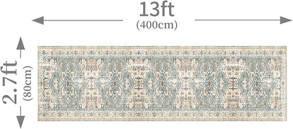 Enkor Runner Rugs for Hallway, 2.6x13 Washable Soft Boho Non Slip Floor Rugs for Kitchen, Modern Mat for Living Room Bedroom Entryway Beige & Green