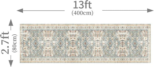 Enkor Runner Rugs for Hallway, 2.6x13 Washable Soft Boho Non Slip Floor Rugs for Kitchen, Modern Mat for Living Room Bedroom Entryway Beige & Green