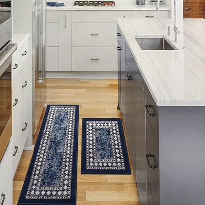 Antep Rugs Alfombras Modern Bordered 2pc Non-Skid (Non-Slip) Low Profile Pile Rubber Backing Indoor Kitchen Runner Rugs (Navy Blue, 2pc Set)