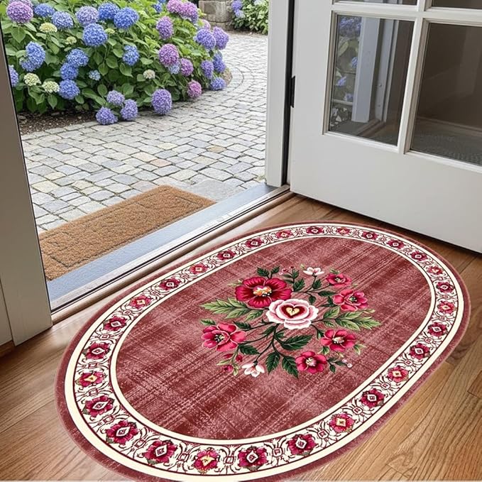 Retro Country Distressed Burgundy Green Florals Texture Bordered Rugs 10x14 for Living Room Bedroom Dining Room Soft Washable Non Skid Area Rug Guestroom Kitchen Doormats Rustic Indoor Oval Carpet