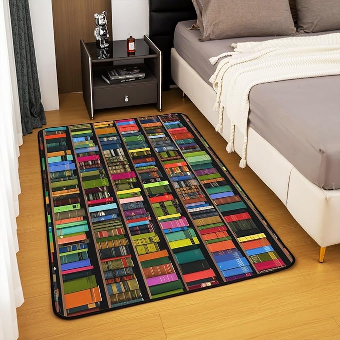 Books Area Rug 3x5 Rainbow Bookshelf Rugs for Living Room | Watercolor Book Shelf Washable Rug, Bookcase Bookrack Carpet Indoor Floor Mat