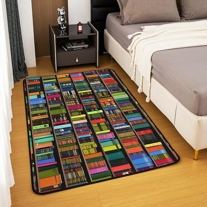 Books Area Rug 3x5 Rainbow Bookshelf Rugs for Living Room | Watercolor Book Shelf Washable Rug, Bookcase Bookrack Carpet Indoor Floor Mat