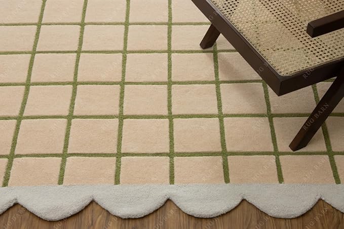 Scalloped Border Wool Area Rug with Windowpane Grid, Hand-Tufted, Beige-Blush with Sage Lines & Light Purple Edge - Soft High-Low Pile for Living Room, Bedroom, Nursery - 6x8 Ft