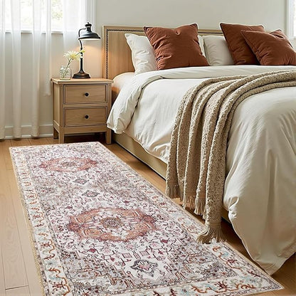 Runner Rug 2×6, Machine Washable Non-Slip Vintage Area Rug, Low Pile, Indoor Carpet Printed Floral Rugs for Living Room, Entryway, Kitchen, Bedroom,Beige