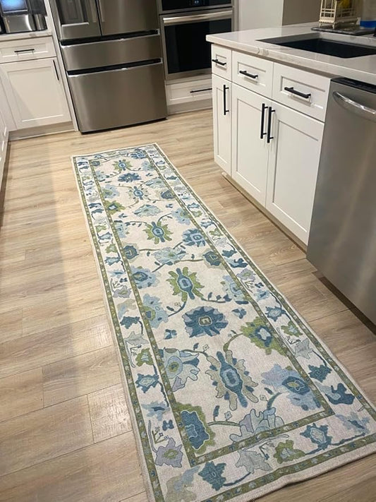 Fame Living Green Oushak Runner Rug, Modern Runners, Vintage, Turkish, Eclectic, Floral, Pastel, Washable, Runner for Hallway, Kitchen, Bedroom, Bathroom, 2'5"x9'8"