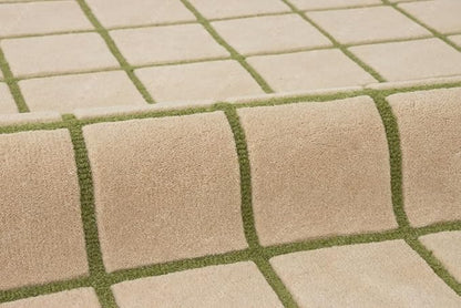 Scalloped Border Wool Area Rug with Windowpane Grid, Hand-Tufted, Beige-Blush with Sage Lines & Light Purple Edge - Soft High-Low Pile for Living Room, Bedroom, Nursery - 4x6 Ft
