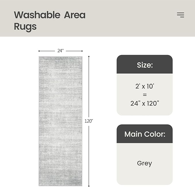 Valenrug Washable Rugs 2x10 - Stain Resistant 2x10 Area Rugs for Living Room, Non Slip Backing Large Area Rugs for Bedroom, Folable Machine Washable Area Rug (2'x10', Grey)