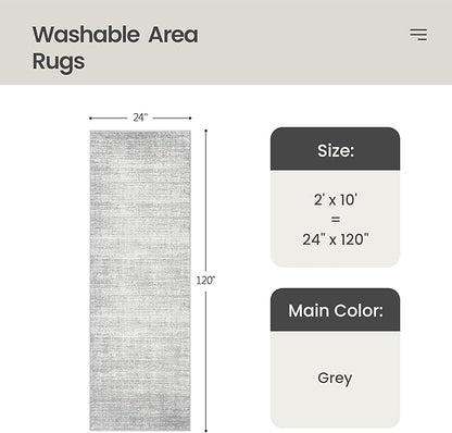Valenrug Washable Rugs 2x10 - Stain Resistant 2x10 Area Rugs for Living Room, Non Slip Backing Large Area Rugs for Bedroom, Folable Machine Washable Area Rug (2'x10', Grey)