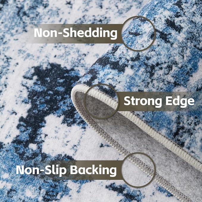 Area Rug 5x7 Washable Rug Blue for Living Room, Dining Room, Bedroom, Large Carpets, Non Slip & Non-Shedding Low Pile Vintage Print Rug for Home Office Decor