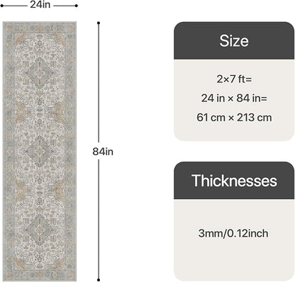 Bavni 2x7 Washable Runner Rug for Hallway, Vintage Grey Rug with Non-Slip Backing, Oriental Distressed Print Indoor Kitchen Runner, Low Pile Thin Soft Small Rugs for Entryway, Bedroom, Laundry Room