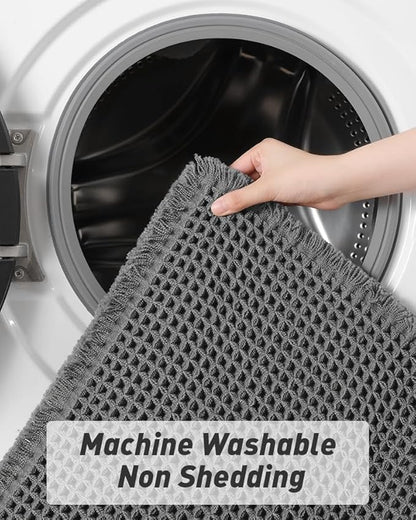 AMOAMI Upgraded Waffle Bath Mat, Super Absorbent Non Slip Bath Mats for Bathroom Floor, Machine Washable Bathroom Rugs with Tassels, Rubber Backed Bathroom Mats, Ultra Soft, 20" x 32", Dark Grey