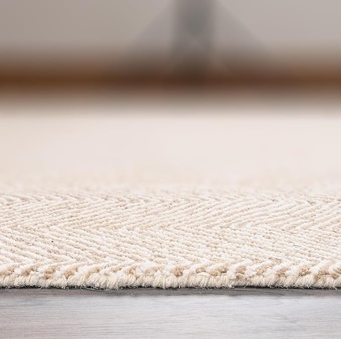Modern Herringbone Chevron Collection Handcrafted Wool Area Rug - Durable, Zigzag Pattern, for High Traffic, Contemporary Design for Living Room, Bedroom, Dining Room Decor (Sand Beige, 6' round)