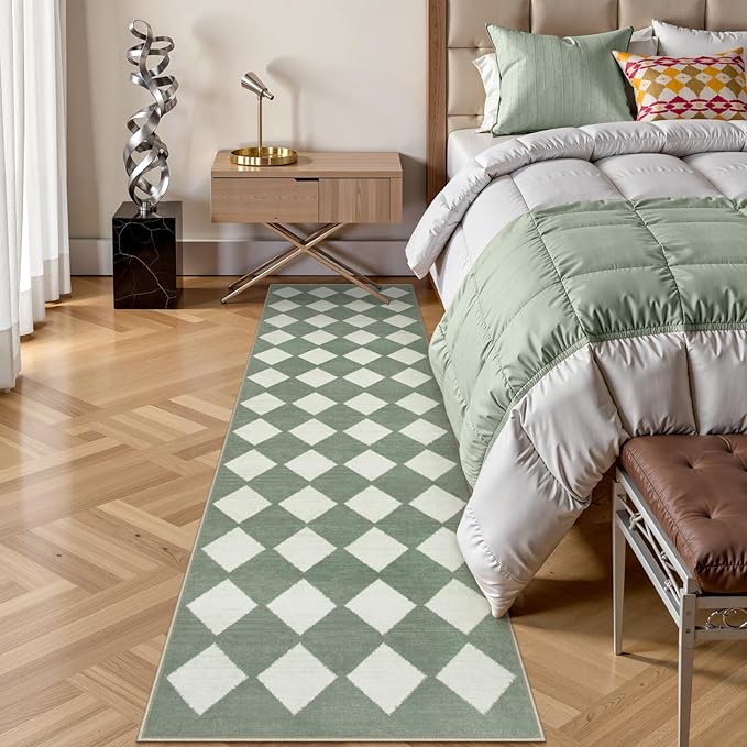 Lahome Checkered Washable 2x8 Green Runners for Hallways Non Slip, Ultra-Thin Kitchen Bathroom Runner Rugs, Moroccan Trellis Throw Carpet Runner for Bedroom Entryway Decor (2'x8',Green)