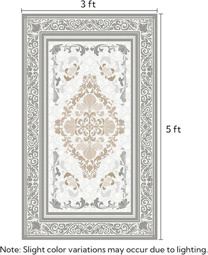 SOULFUL Medium Pile 3x5 Area Rug - Soft Foot Feel Small Entryway Rug - Light Taupe Boho Floral - Washable Non-Slip - Perfect for Living Room Bedroom Foot Kids Room Reading Nook