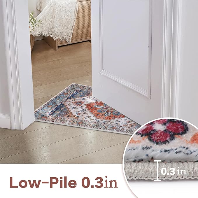 COMSLE Area Rug 2x4 Faux Wool Throw Rug for Entryway, Boho Washable Small Rugs Non-Slip Distressed Carpet Soft Accent Floor Rug for Indoor Entrance, Bedroom, Living Room, Kitchen (Rust Red)