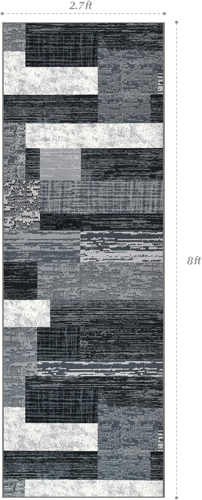 Indoor Runner Rug, Washable Runner Rug with Rubber Backing, Modern Geometric Patchwork Aesthetic Carpet for Bedroom, Living Room, Hallway, Entryway, Washable Rugs Rockwood Collection, 2.7x8 Ft Grey