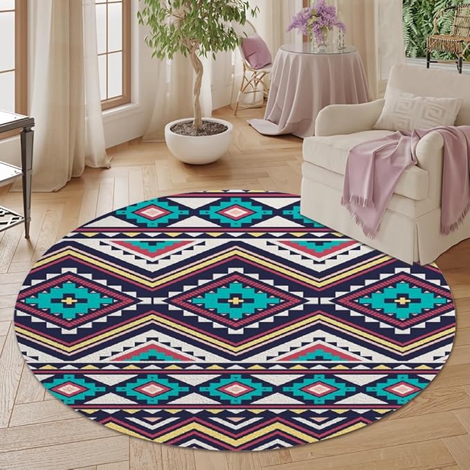 Native Tribal Geometry Round Rug Vintage Blue White Living Room Bedroom Area Rug Non Slip Soft Low Pile Washable Indoor Floor Carpet for Dining Room Kitchen Office Entryway 7ft