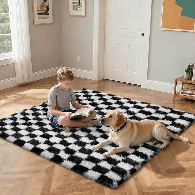 Checkered Rug for Bedroom, 3x5 Black and White Area Rugs, Classic Checkered Carpets Shaggy Area Rug, Bedside Rugs for Living Room Bedroom Kids Room Home Decor