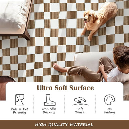 jinchan Runner Rug 2x5 Hallway Washable Modern Checkered Geometric Lattice Kids Bedroom Rug Indoor Floor Cover Non Slip Soft Carpet for Nursery Room Kitchen Laundry Room Home Brown