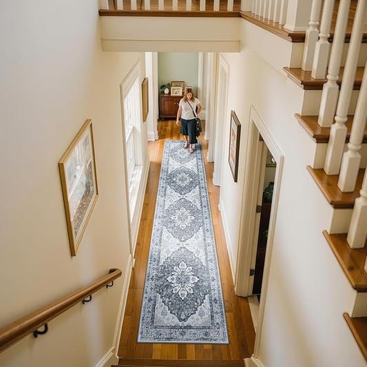Area Rugs 2'x10' Washable Non-Slip, Floral Vintage Distress Print Pattern Medallion Carpet for Living Room Bedroom Dining Room, Light Gray Grey White