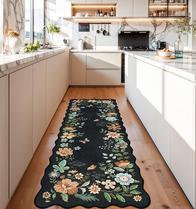Lahome Floral Kitchen Runner, 2X6 Washable Runner Rug Non Slip Ultra-Thin, Soft Hallway Rug Stain Resistant Boho Small Low-Pile Carpet for ‎Laundry Bathroom Bedroom(2x6ft,Black/Grey)