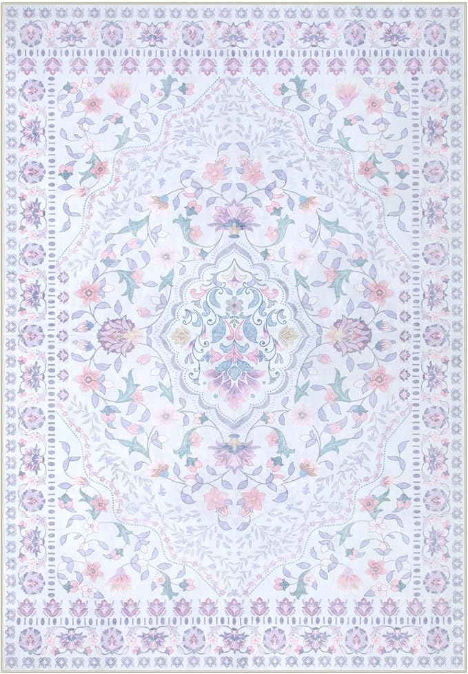 Wonnitar Floral Purple Rug for Bedroom, 8x10 Washable Rugs for Nursery Girls, Boho Low Pile Soft Non Slip Carpet for Dorm Living Room Playroom Home Decor, Pale Purple