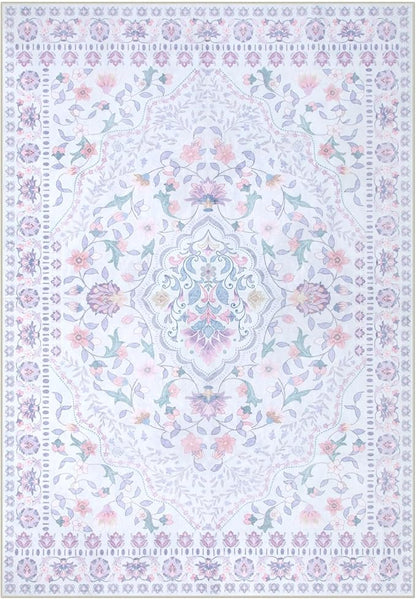 Wonnitar Floral Purple Rug for Bedroom, 8x10 Washable Rugs for Nursery Girls, Boho Low Pile Soft Non Slip Carpet for Dorm Living Room Playroom Home Decor, Pale Purple