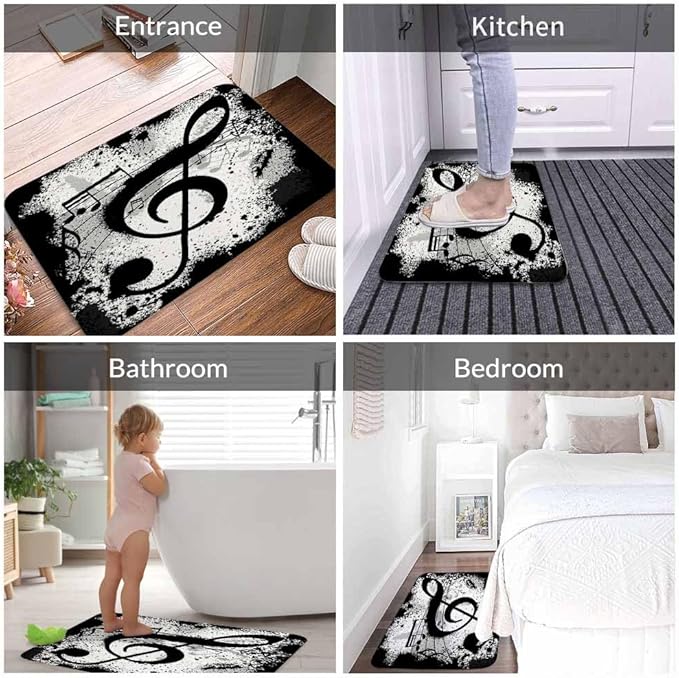 Music Notes Bath Mats for Bathroom Vintage Design Grunge Art Black Ground Silhouette Ink Splatter Floor Bath Rugs Machine Washable Bathmat Carpet Rug Room Decor for Shower Floor 16 X 24 inch Mat